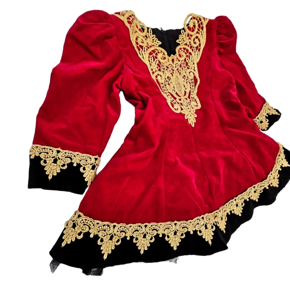 Hollywood Babe Toddler Girls Red Velvet/Gold  Embroidered Lace Longsleeve Dress